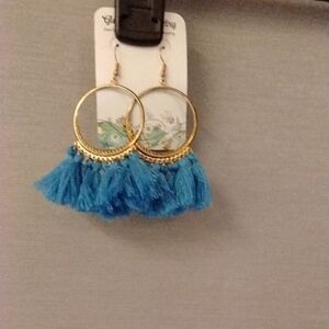 Gold and Blue Tassel Hoop Earrings